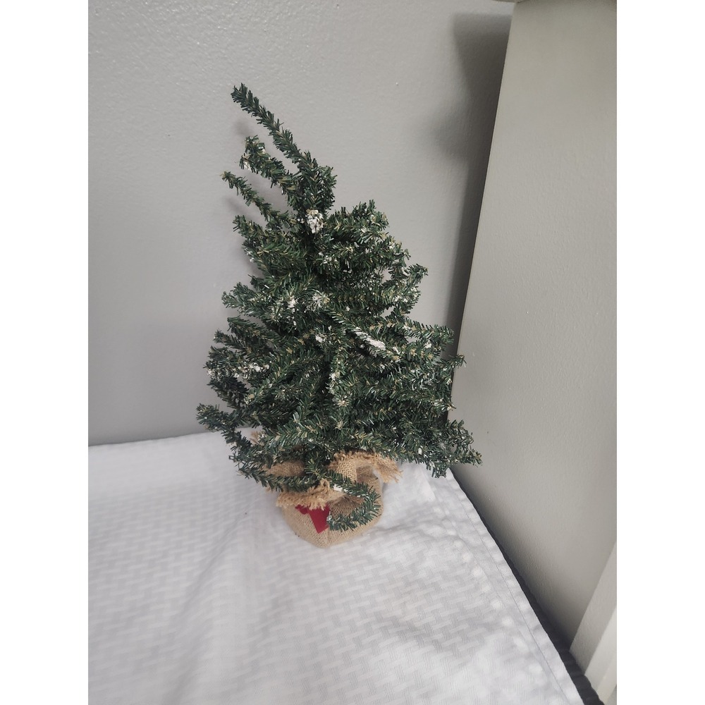 Miniature Tabletop Christmas Tree Burlap Base Flocked Snow Red Ribbon Decor - Picture 5 of 6